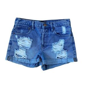 Forever 21‎ High Waist Fall Break Vacation Casual Chic Distressed Denim Short